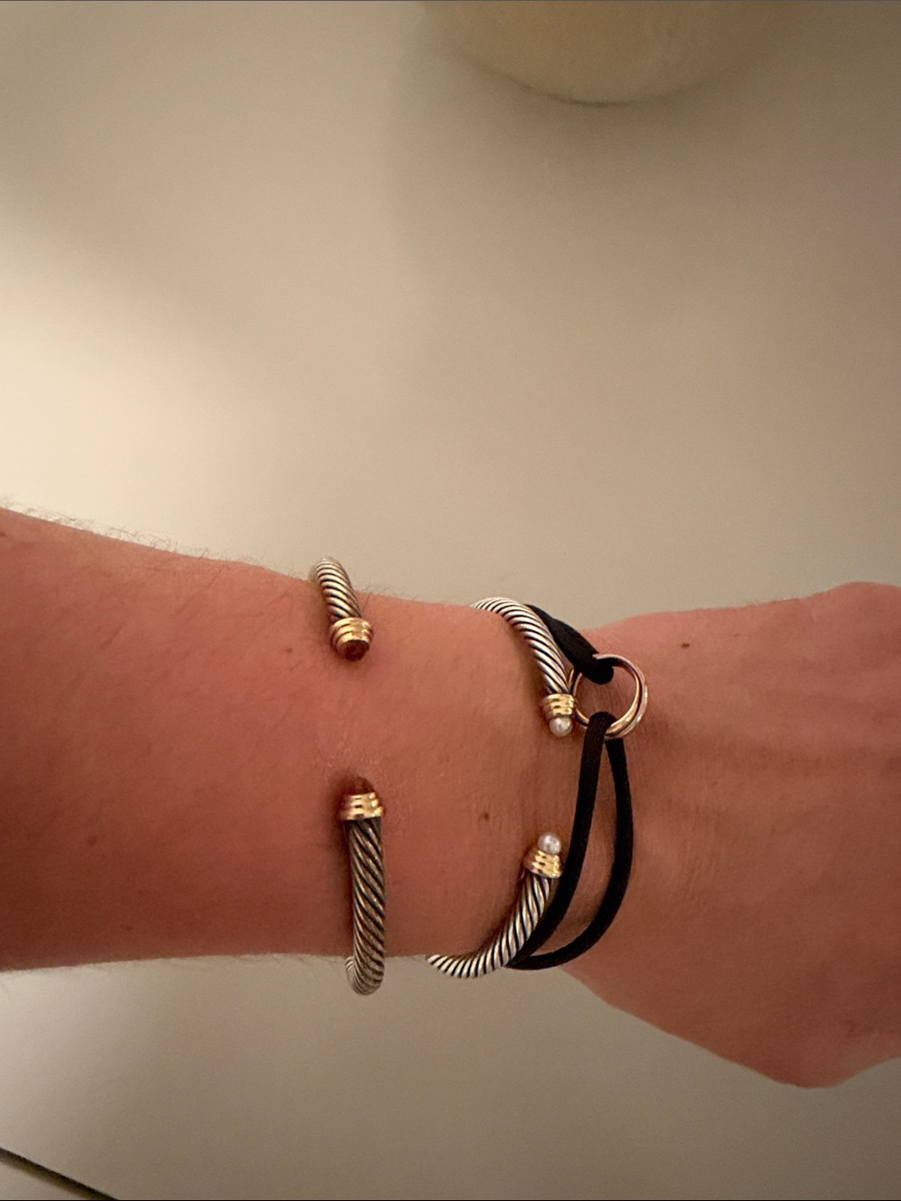 David Yurman Two-Tone Cable Cuff with Black Leather Wrap Bracelet